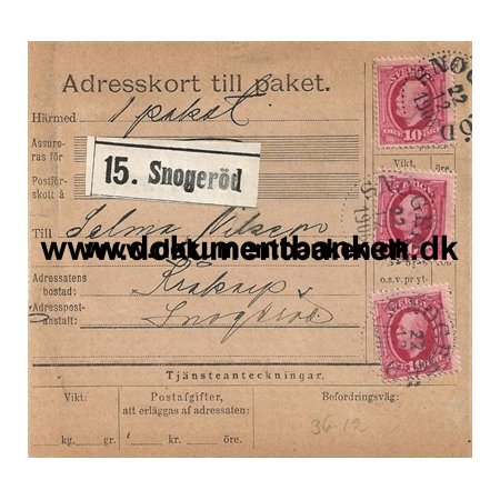 Snogerd, Svensk Bystempel, Adresskort til Paket, 1906