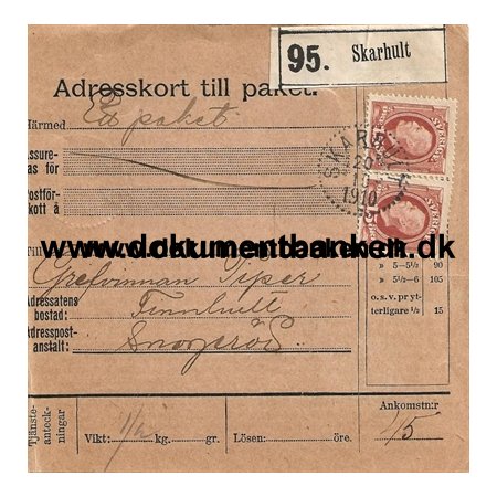 Skarhult, Adresskort till Paket, Bystempel, Sverige, 1910