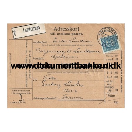 Adresskort, Landskrona til Tanum, Sverige, 1933