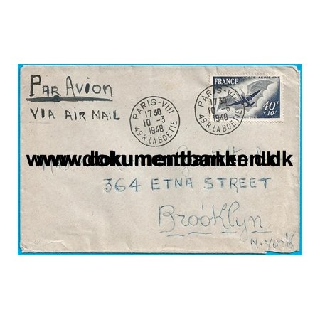 Luftpostkuvert, Frankrig, Sendt til New York, USA, 1948