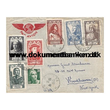 Luftpostkuvert, Frankrig, Sendt til New York, USA, 1946