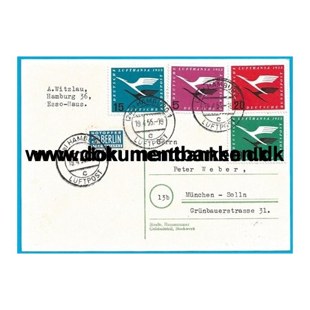 Brevkort, Lufthansa, Frankering, Vesttyskland, 1955