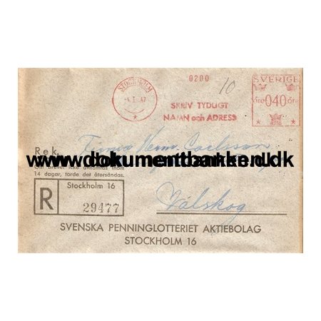 Svenska Penninglotteriet Aktiebolag. Brev, 1947
