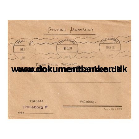 Statens Jrnvgar. Trelleborg F. Tjenestekuvert. 1938