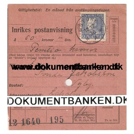 Sverige. Inrikes Postanvisning. 25 re. storp 1936