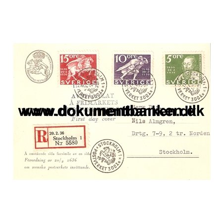 Postverket 300 r. FDC. 5 + 10 + 15 re. 20 februar 1936