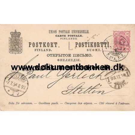 Finland, Helsag, Sendt til Stettin, 1894