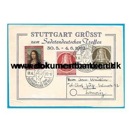 Berlin, Stuttgart Grsst, Freiheisglocke, Postkarte, 1 juni 1952
