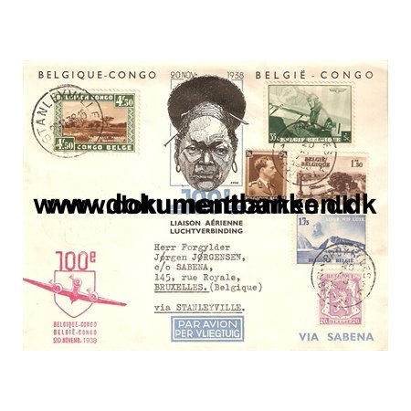 Congo. Kuvert. Sabena. Congo - Belgique. 1938