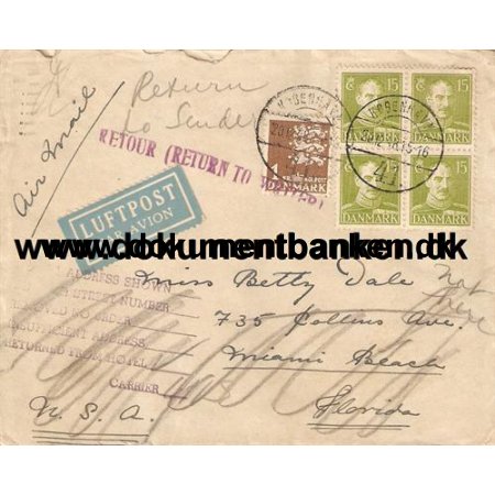 Luftpost, Returbrev, USA til Danmark, 1948