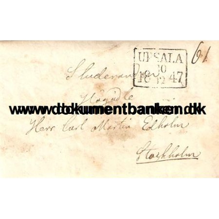 Prefil brev Upsala til Stockholm. Sverige. 1847