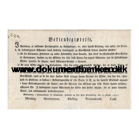 Bekendtgrelse vedr. fjendtlig Sopbringelse 1807 Dokument