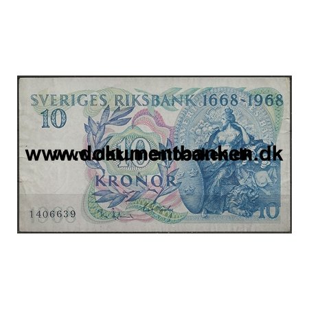 Sverige 10 kr. 1406639 Pengeseddel 1968