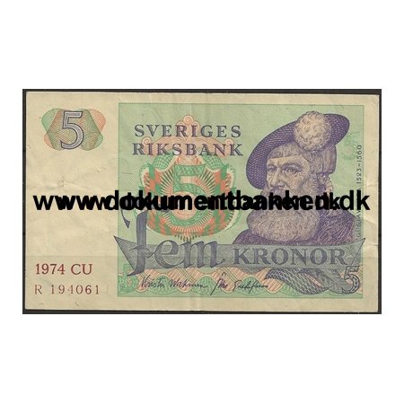 Sverige 5 Kr. R 194065 Pengeseddel 1974