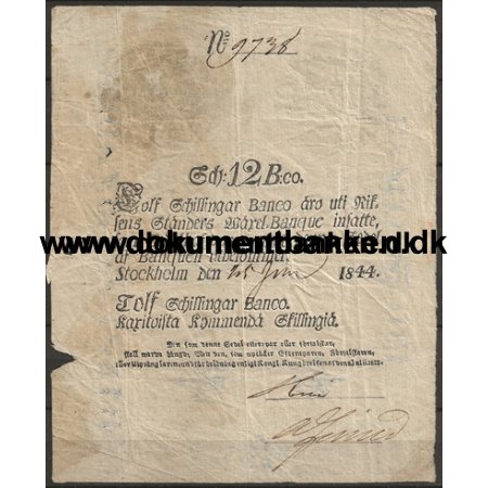 Sverige 12 Schilling Banco Pengeseddel 1844