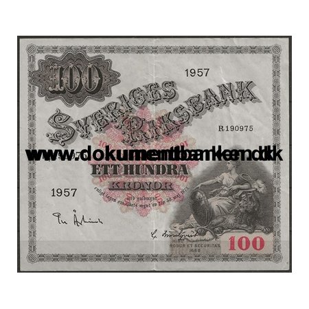 Sverige 100 Kr. R 190975 Pengeseddel 1957