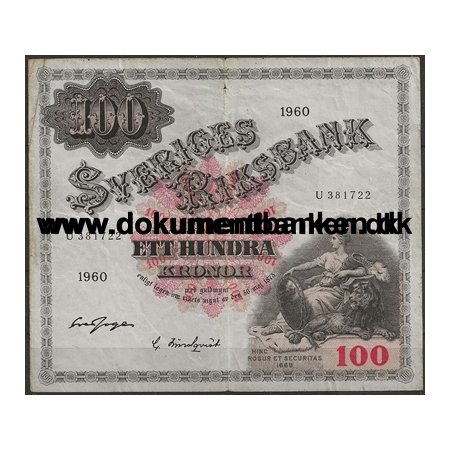 Sverige 100 Kr. U 381722 Pengeseddel 1960