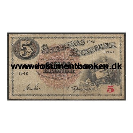 Sverige 5 Kr. I 519374 Pengeseddel 1948