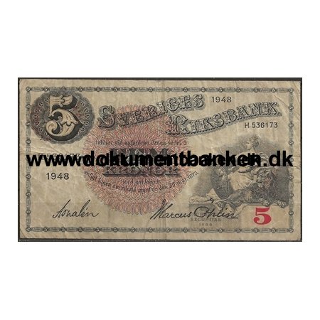 Sverige 5 Kr. H536173 Pengeseddel 1948