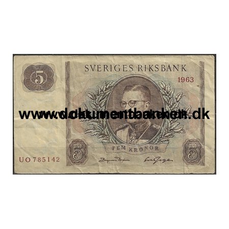 Sverige 5 Kr. UO785142 Pengeseddel 1963