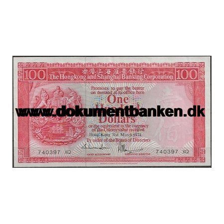  100 Dollars Hong Kong 740397 XQ Pengeseddel 1978