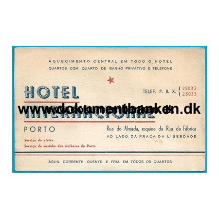 Hotel International, Hotelkort, Porto, Portugal, 1949