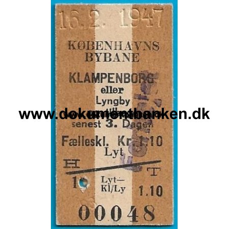 Togbillet Kbenhavns Bybane - Klampenborg, 16 februar 1947