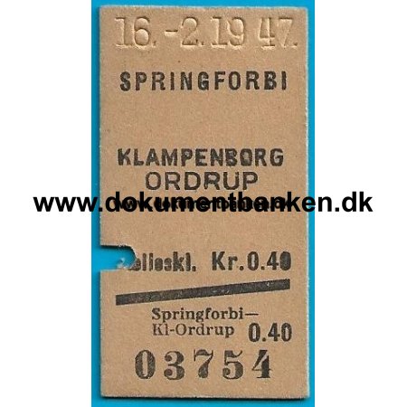 Togbillet Springforbi til Klampenborg 16 februar 1947