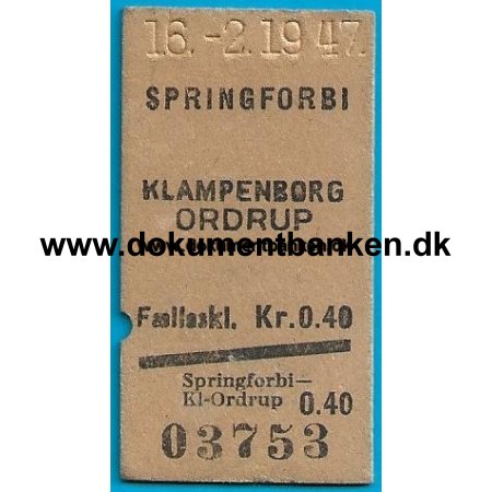 Togbillet Springforbi til Klampenborg 16 februar 1947