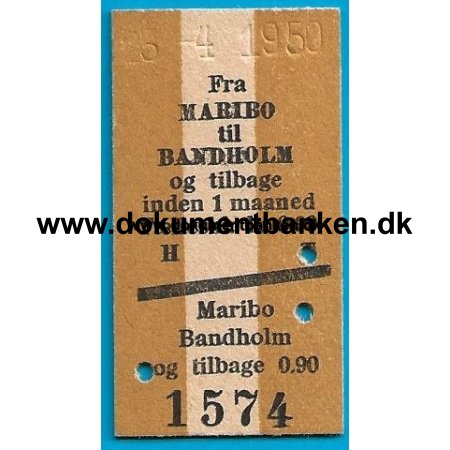 Togbillet Maribo - Bandholm, 23 april 1950