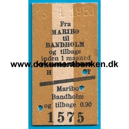 Togbillet Maribo - Bandholm, 23 april 1950