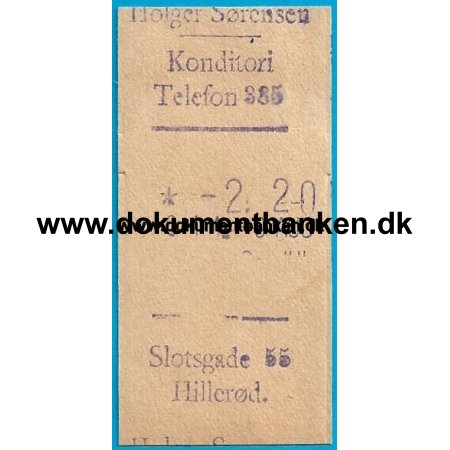 Holger Srensen Konditori Slotsgade 55 Hillerd, Bon, 11 august 1942