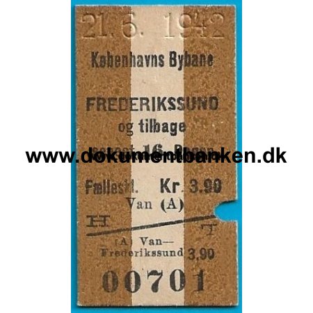 Togbillet Kbenhavns Bybane - Frederikssund, 21 juni 1942