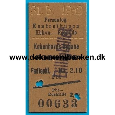 Togbillet, Kbenhavns Bybane - Roskilde, Billigbillet, 31 maj 1942