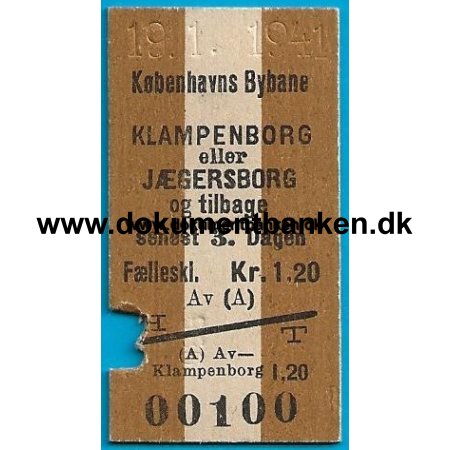 Togbillet Kbenhavns Bybane - Klampenborg, 19 januar 1941