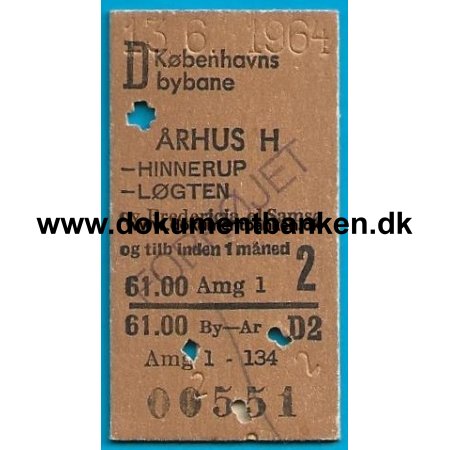 Togbillet Kbenhavns Bybane - Aarhus H. 13 juni 1964