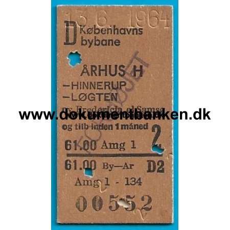 Togbillet Kbenhavns Bybane - Aarhus H. 13 juni 1964