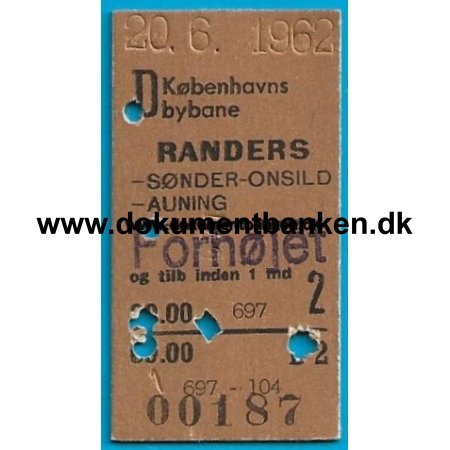 Togbillet Kbenhavns Bybane - Randers 1962