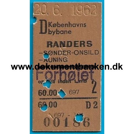 Togbillet Kbenhavns Bybane - Randers 1962