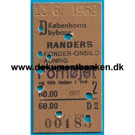 Togbillet Kbenhavns Bybane - Randers 1962