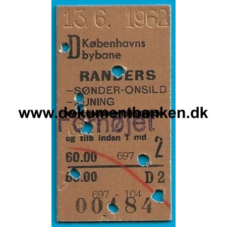 Togbillet Kbenhavns Bybane - Randers 1962