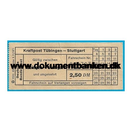 Postbusbillet Tbingen - Stuttgart 1952