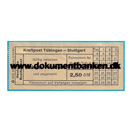 Postbusbillet Tbingen - Stuttgart 1952