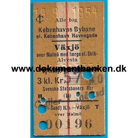 Togbillet Kbenhavns Bybane - Vxj 1954