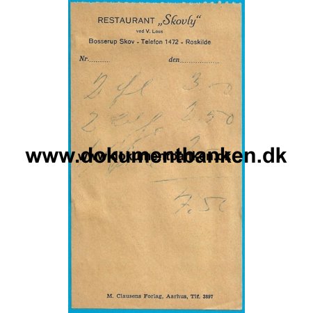 Restaurant "Skovly" Bosserupvej 77 Roskilde Regning 1954