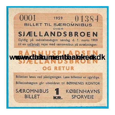 Sromnibus Billet Rdhuspladsen Sjllandsbroen 1959