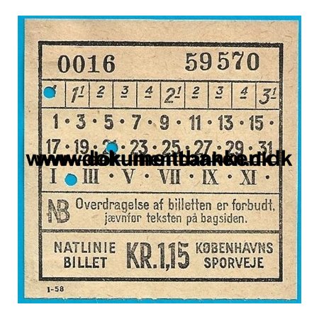 Busbillet Kbenhavns Sporveje Natliniebillet for Natbus C 1959