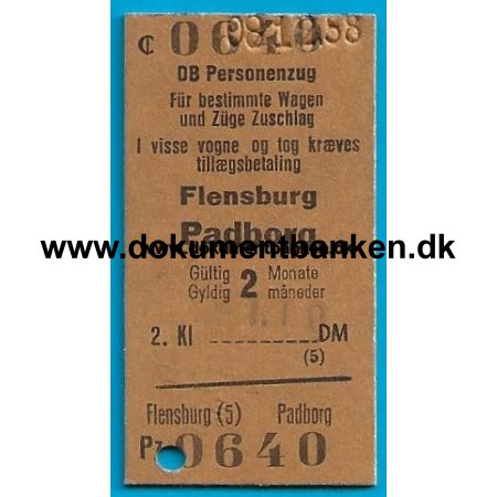 Togbillet Flensborg - Padborg 1958