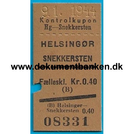 Togbillet Helsingr - Snekkersten 1944