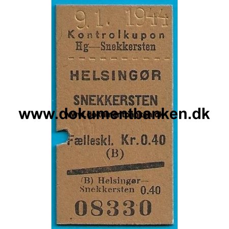 Togbillet Helsingr - Snekkersten 1944